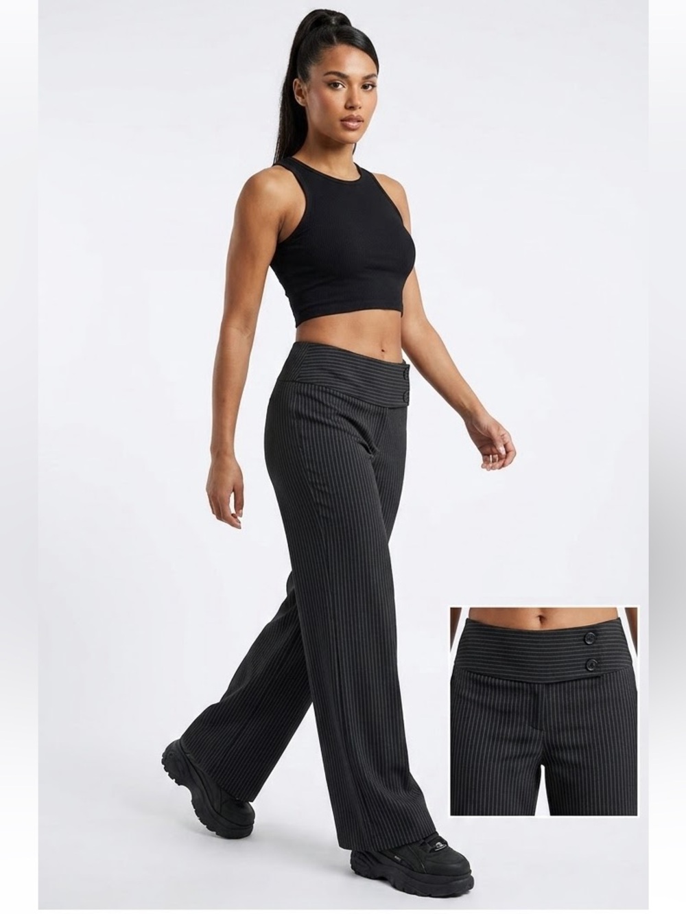Zinc Black Pinstripe Wide Leg Trousers
